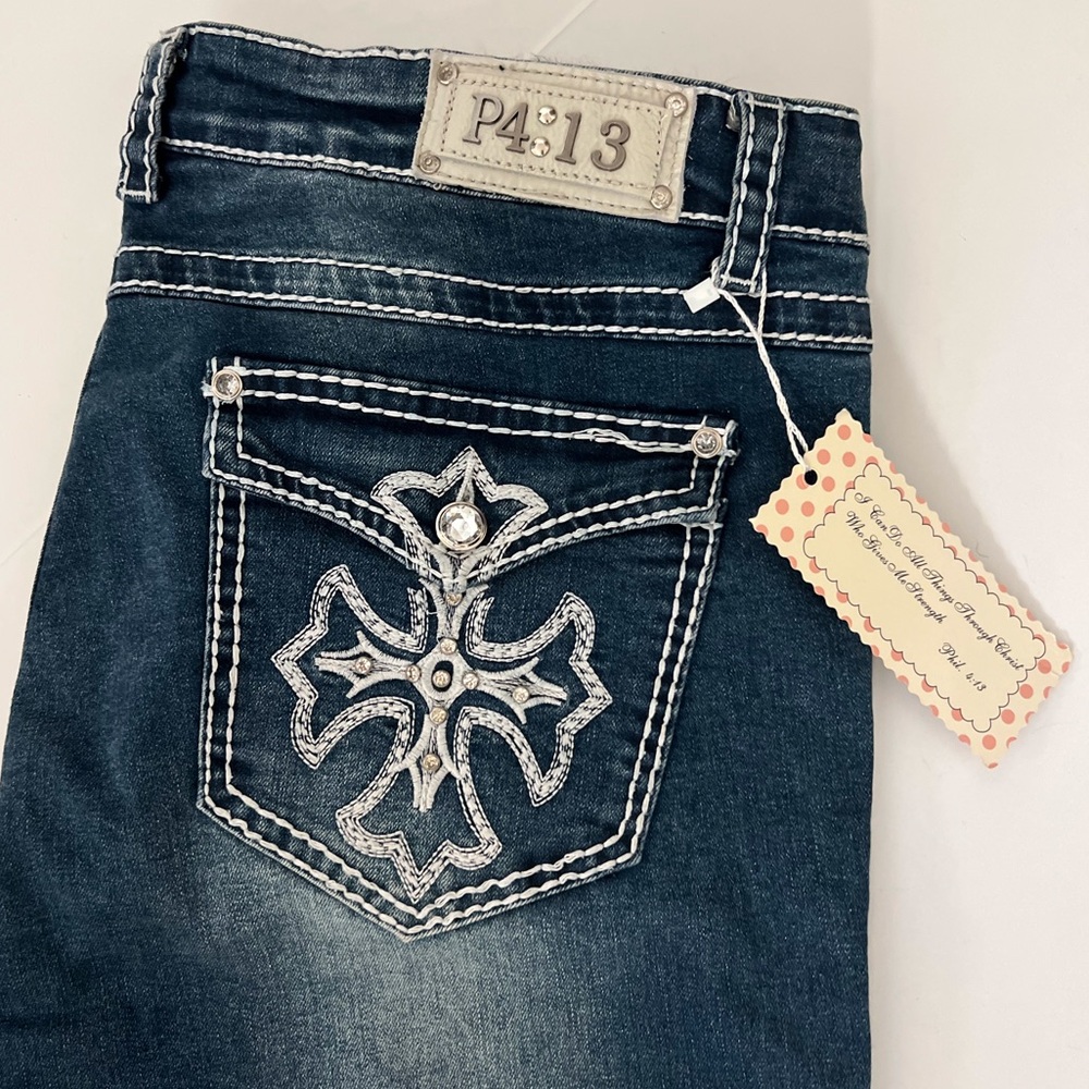 NWT P4:13 35 Cross Rhinestones Stitched Straight Leg Jeans Western Cowgirl - Picture 2 of 6